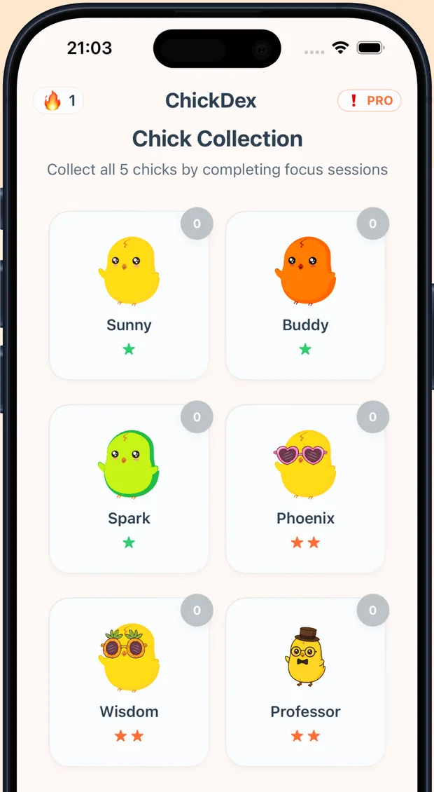The EarlyBird ChickDex collection screen with chicks named Sunny, Buddy, Spark, Phoenix, Wisdom and Professor