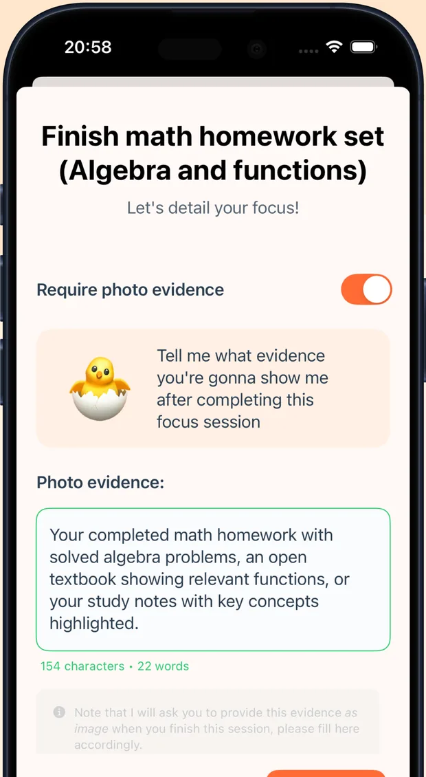 EarlyBird asking what photo evidence you will show at the end of the focus session